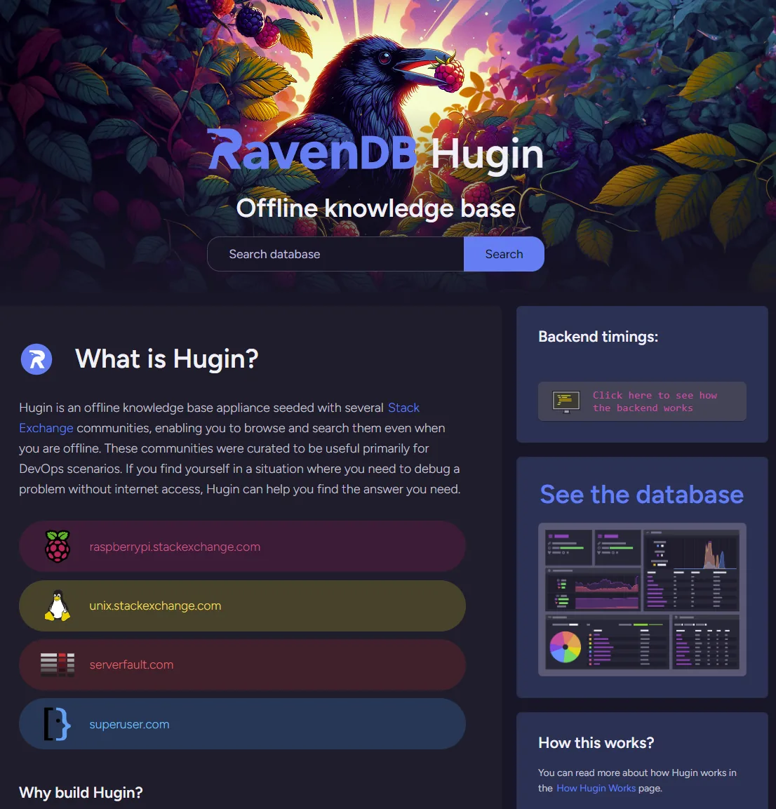 Hugin offline knowledge base homepage with RavenDB search