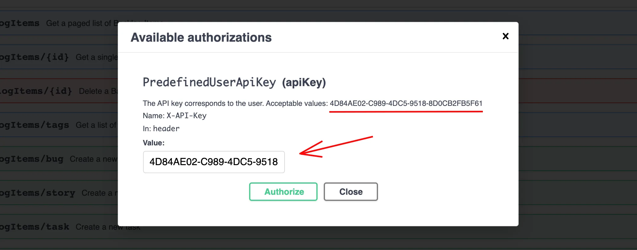 YABT Swagger API key authentication prompt