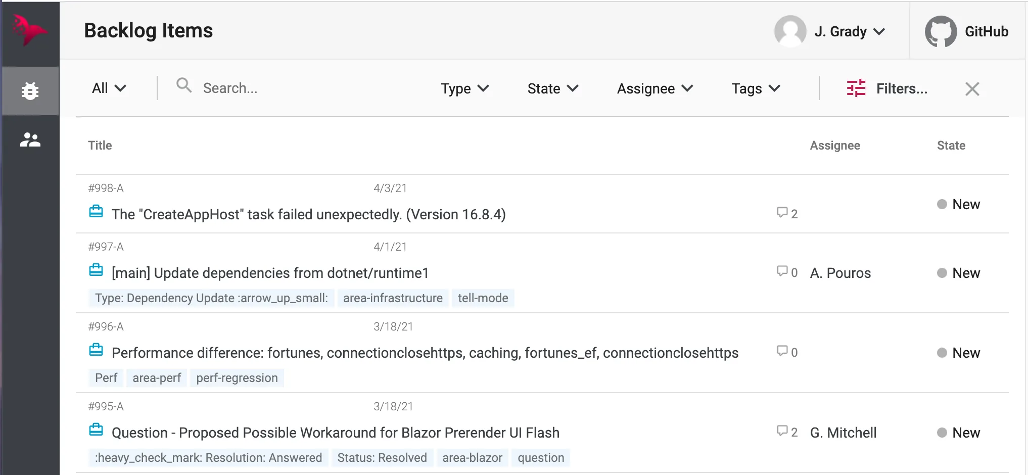 YABT backlog items list showing filters, tags, assignees, and item states